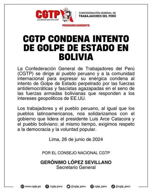 CGTP condena enérgicamente el intento de golpe de Estado en Bolivia