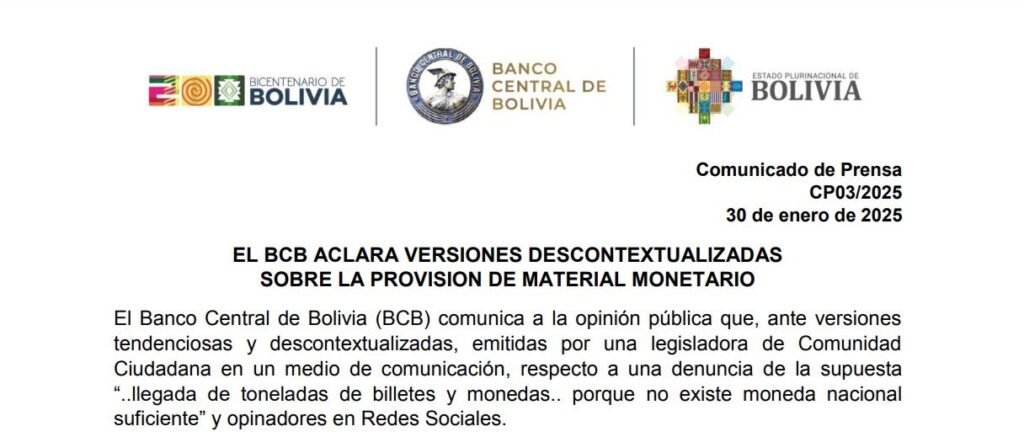 El BCB desmiente información distorsionada sobre la provisión de material monetario